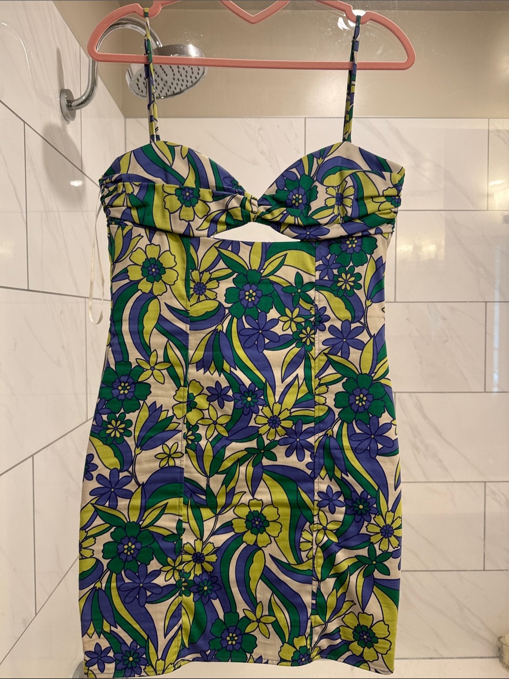 Zara Floral Spaghetti-Strap Mini Dress in Green, Blue & Yellow